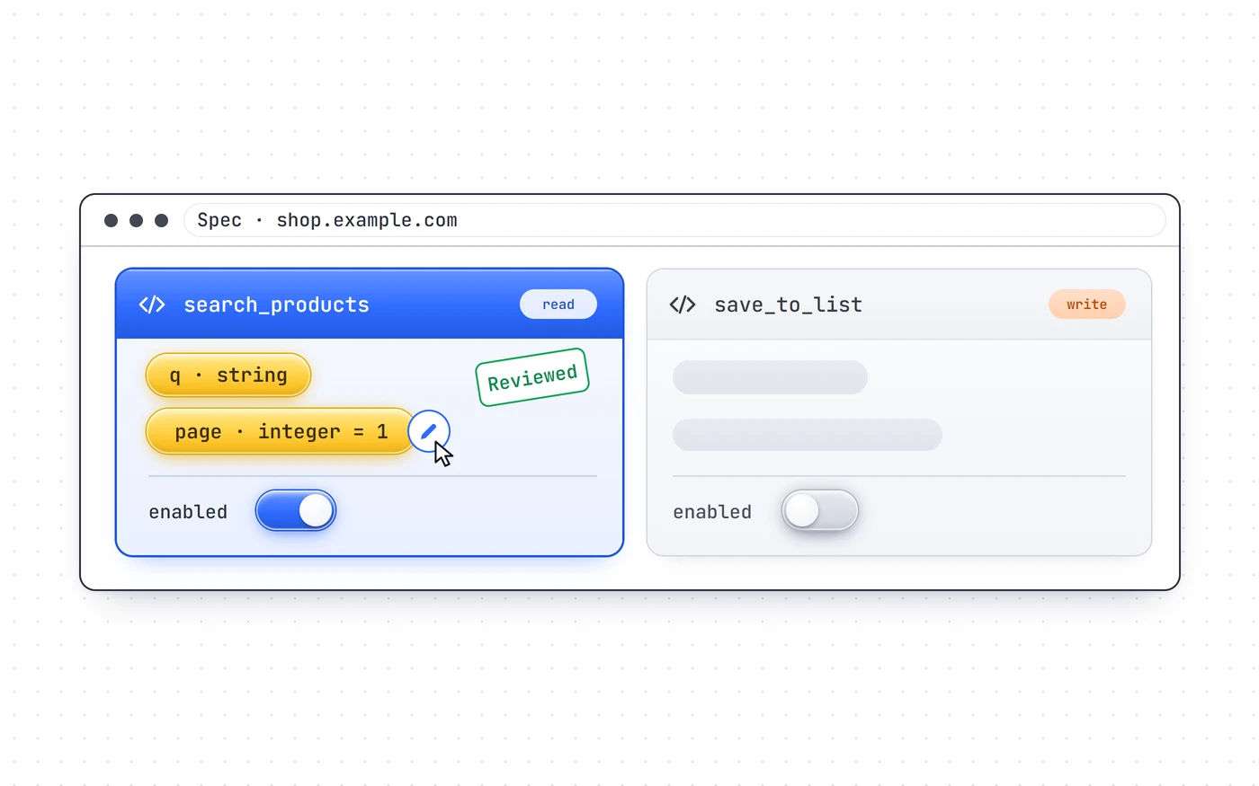 The spec with the read tool marked Reviewed, a parameter being edited and the write tool left off