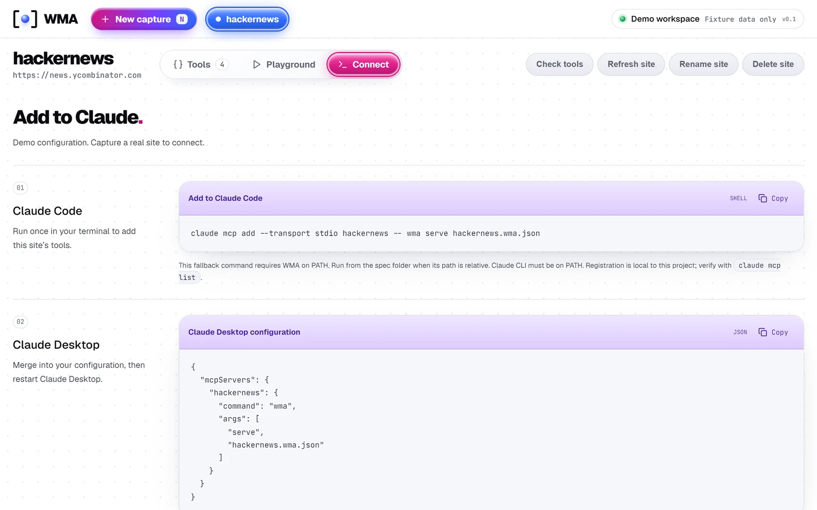 Real WMA dashboard with demo data: commands for adding the tools to Claude Code and Claude Desktop