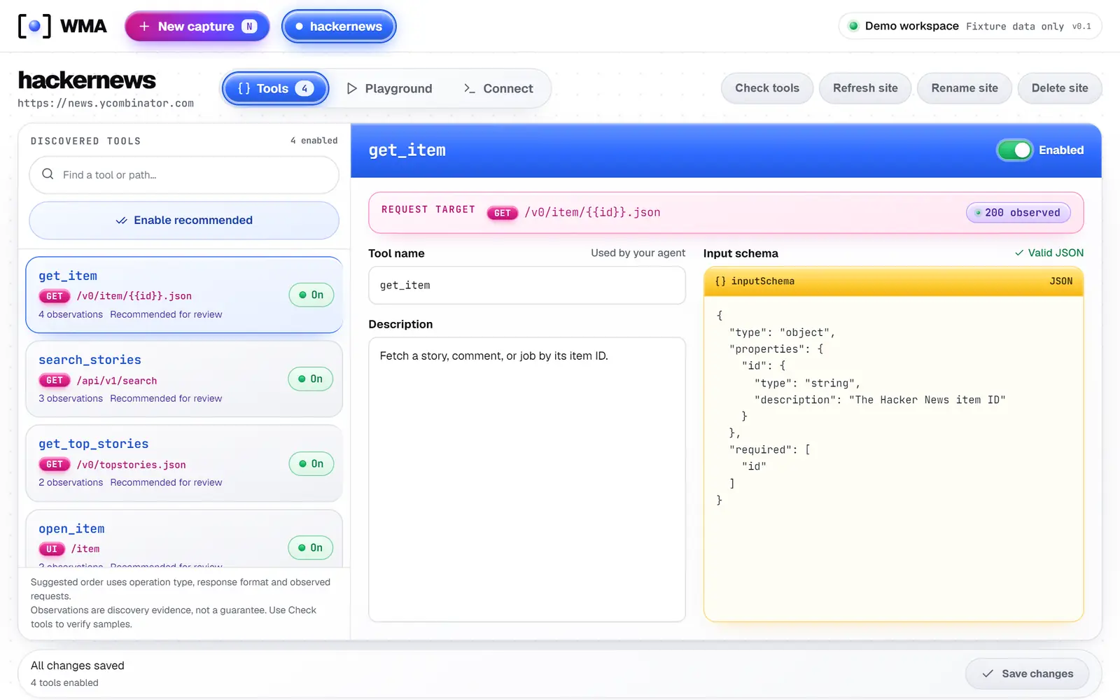 Real WMA dashboard with demo data: a list of discovered tools and the definition of search_stories